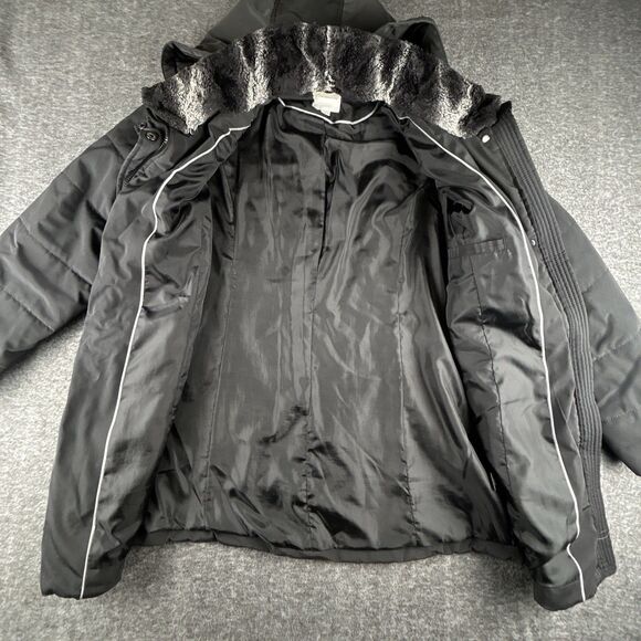 Croft & Barrow Quilted Puffer Coat Womens Sz XL Black Hooded Lined Faux Fur Neck - Picture 3 of 10